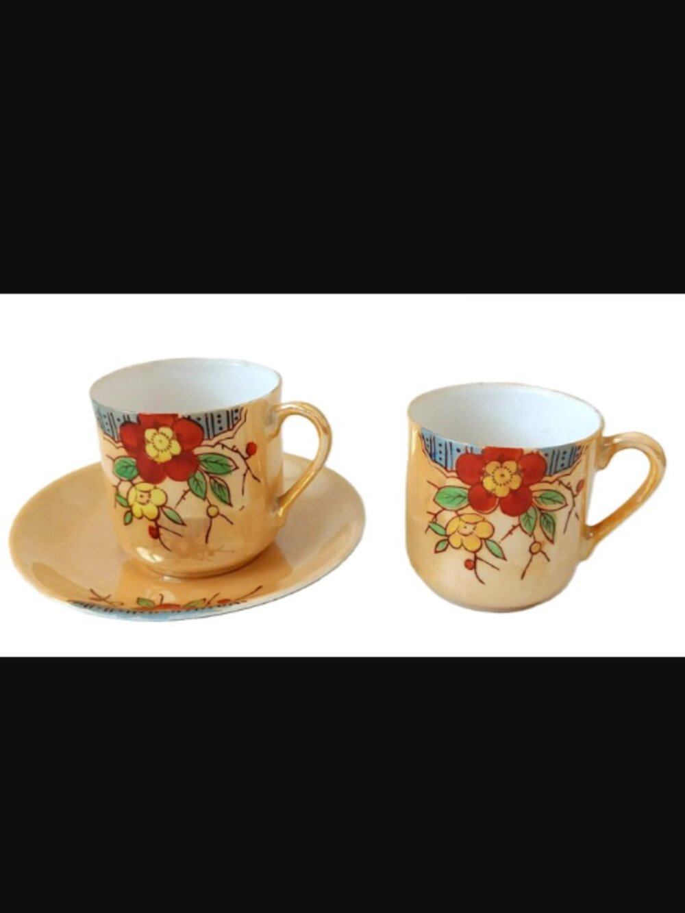 Vintage Peach Lusterware Tea Cups and Saucer Set Hand Painted Made in Japan
